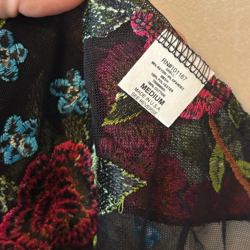 Cha-Cha | Floral Embroidered Black Sheer Cardigan | Size Medium - Picture 3 of 7